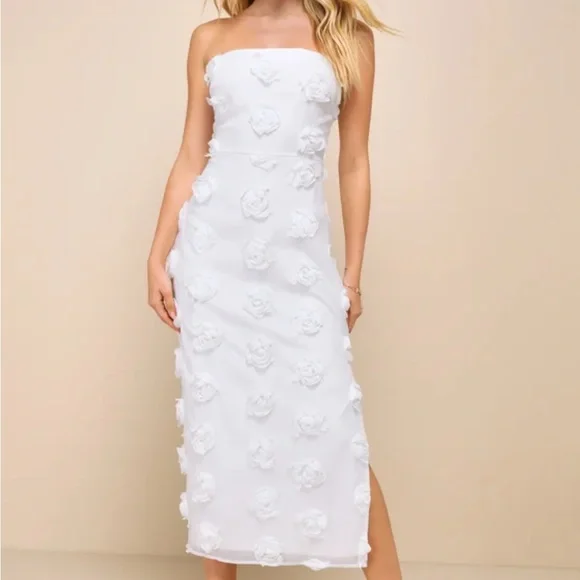 Lulus Posh Appearance White 3D Floral Applique Strapless Midi Dress - Picture 1 of 4